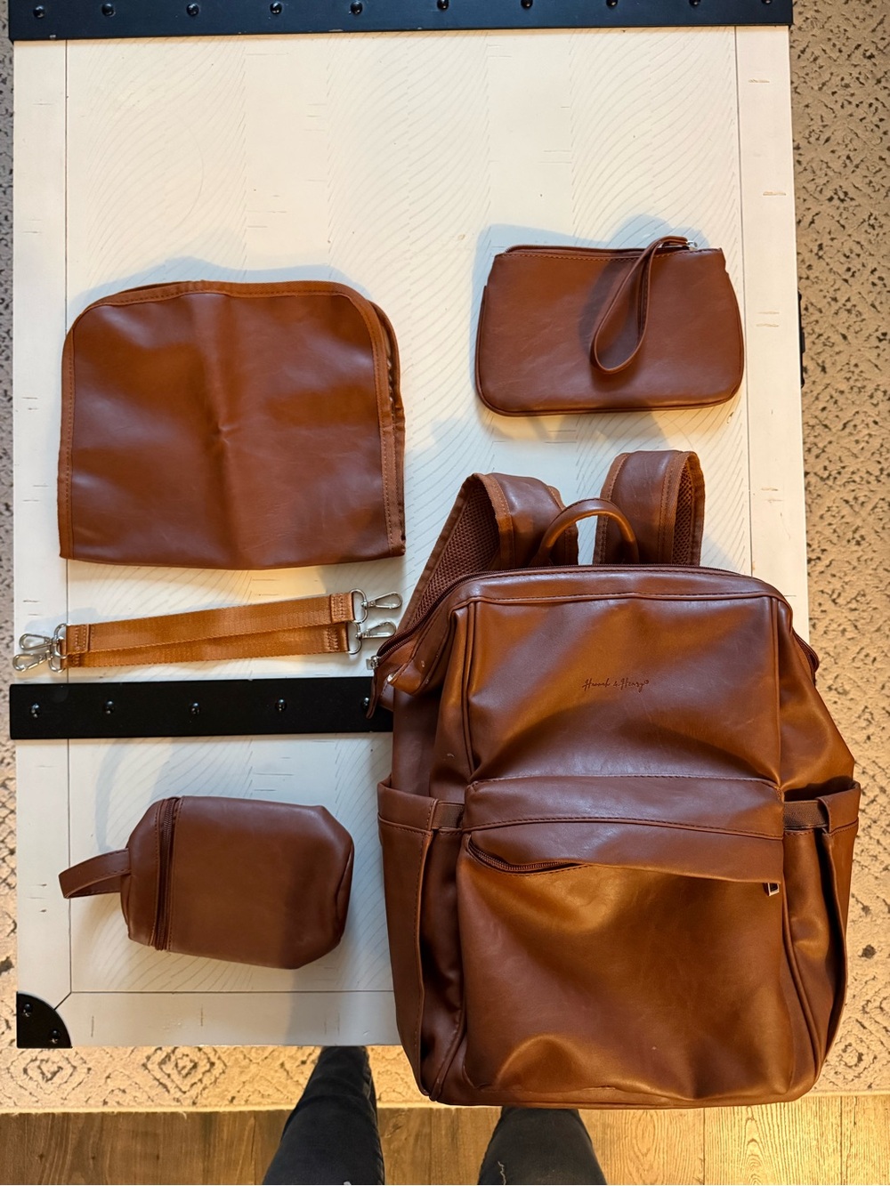 Hannah & Henry - Brown Leather Travel Backpack Diaper Bag Set - 5 Piece